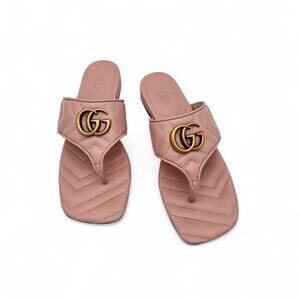 Gucci GG Marmont Flat Thong Sandal Pink Quilted Leather Gold Square Size 37 US 7
